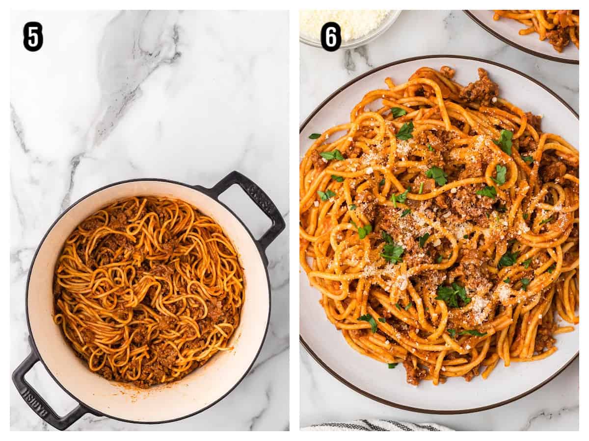 The last two steps to finishing up the comfort food pasta recipe made in one pot with ground beef.