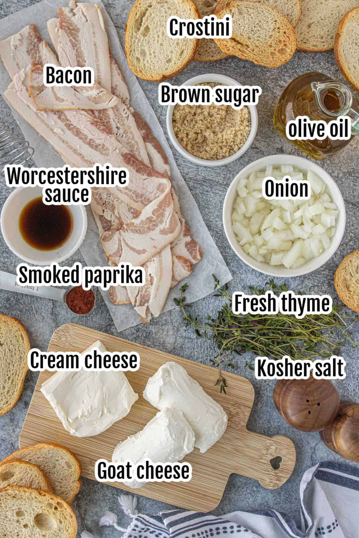 These are the ingredients needed to make the whipped cream cheese and goat cheese appetizers served with a topping of smoky bacon jam.