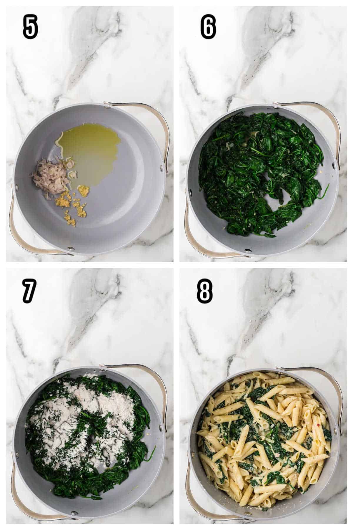 Steps five through eight showing the preparation of the creamy spinach pasta casserole.