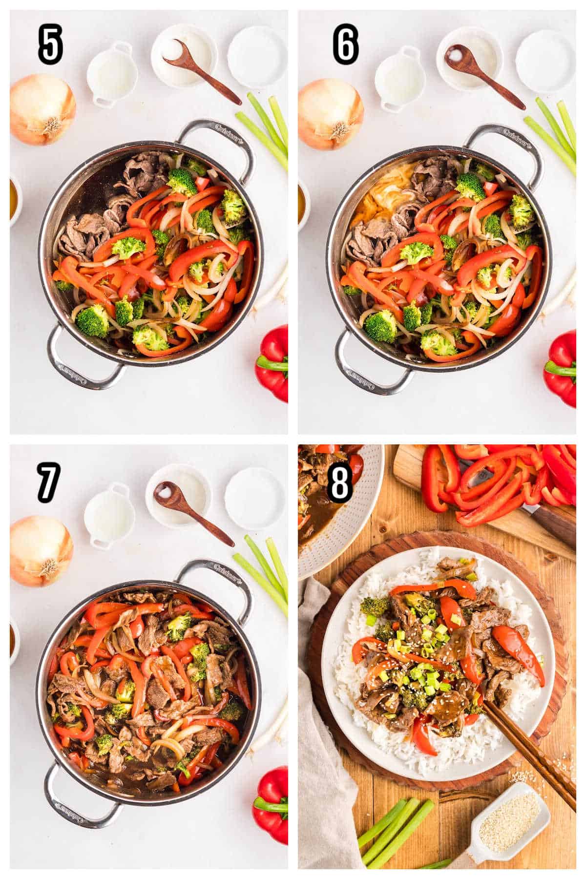 Steps five through eight for making the easy beef teriyaki stir fry to finish up and serve the easy weeknight dish.
