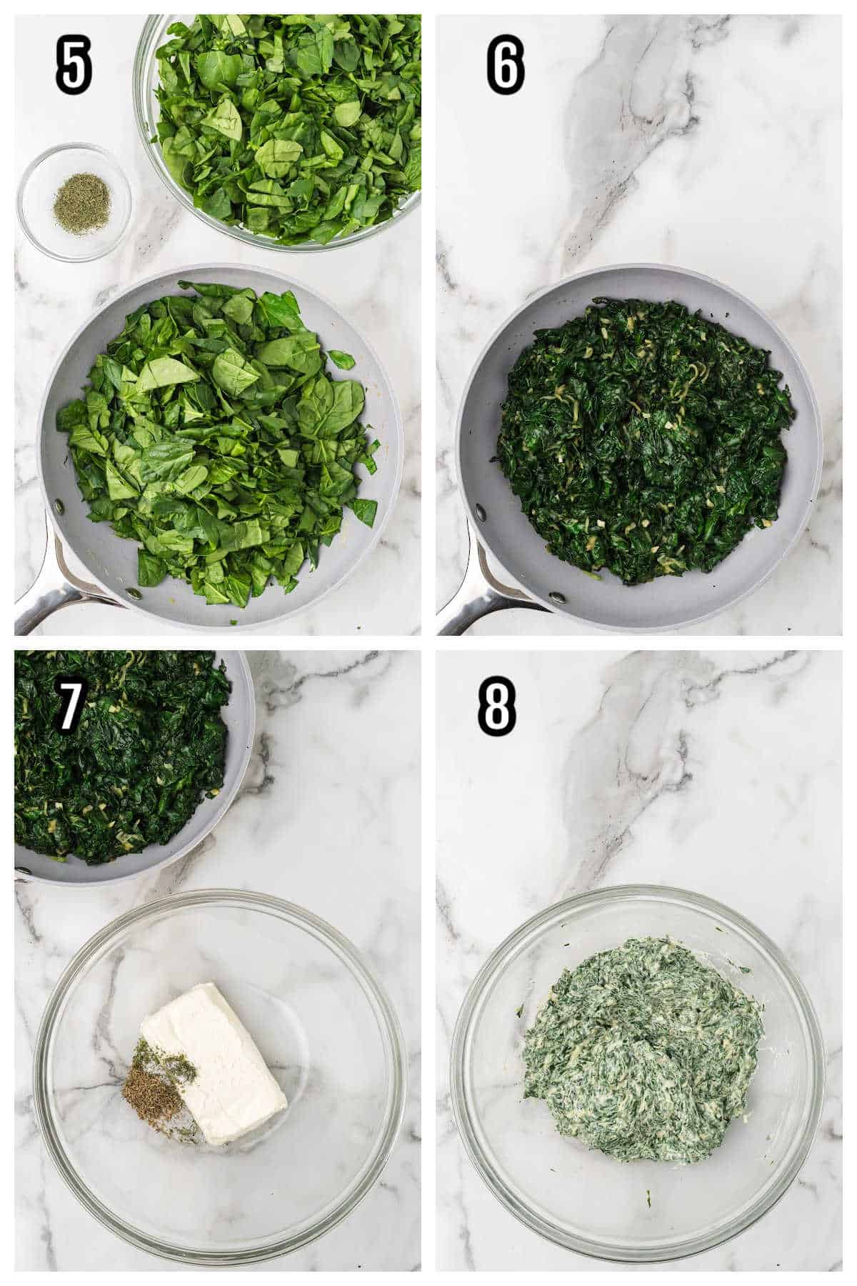 A collage with steps five through eight for assembling the puff pastry appetizer made with cream cheese and spinach.