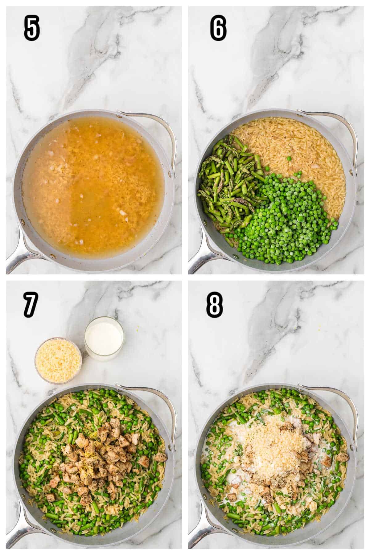 A second collage features steps five through eight for the lemon garlic chicken and orzo recipe made in one skillet.