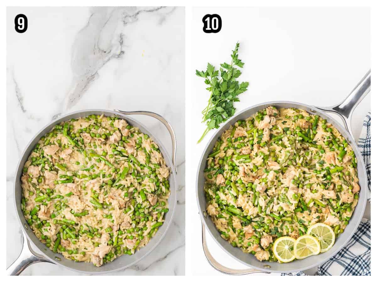 An image of the final two steps for the spring chicken orzo recipe with lemon and parmesan cheese.
