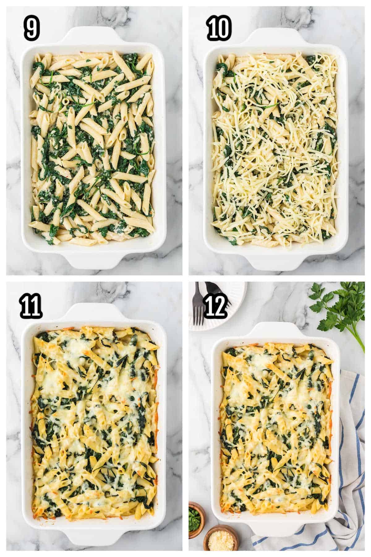 Steps nine through twelve for the vegetarian spinach casserole complete the recipe.