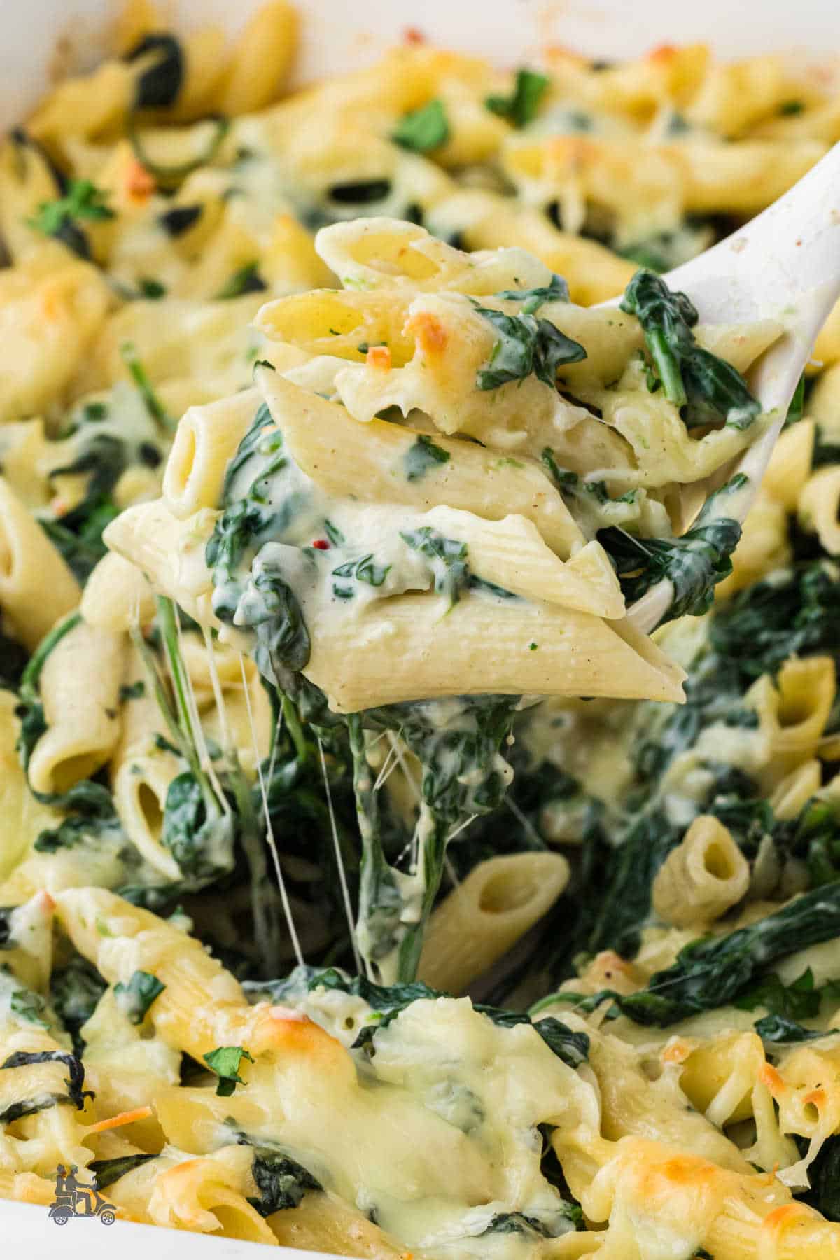 A serving spoon scoops up a large helping of baked pasta with creamy spinach and cheese.