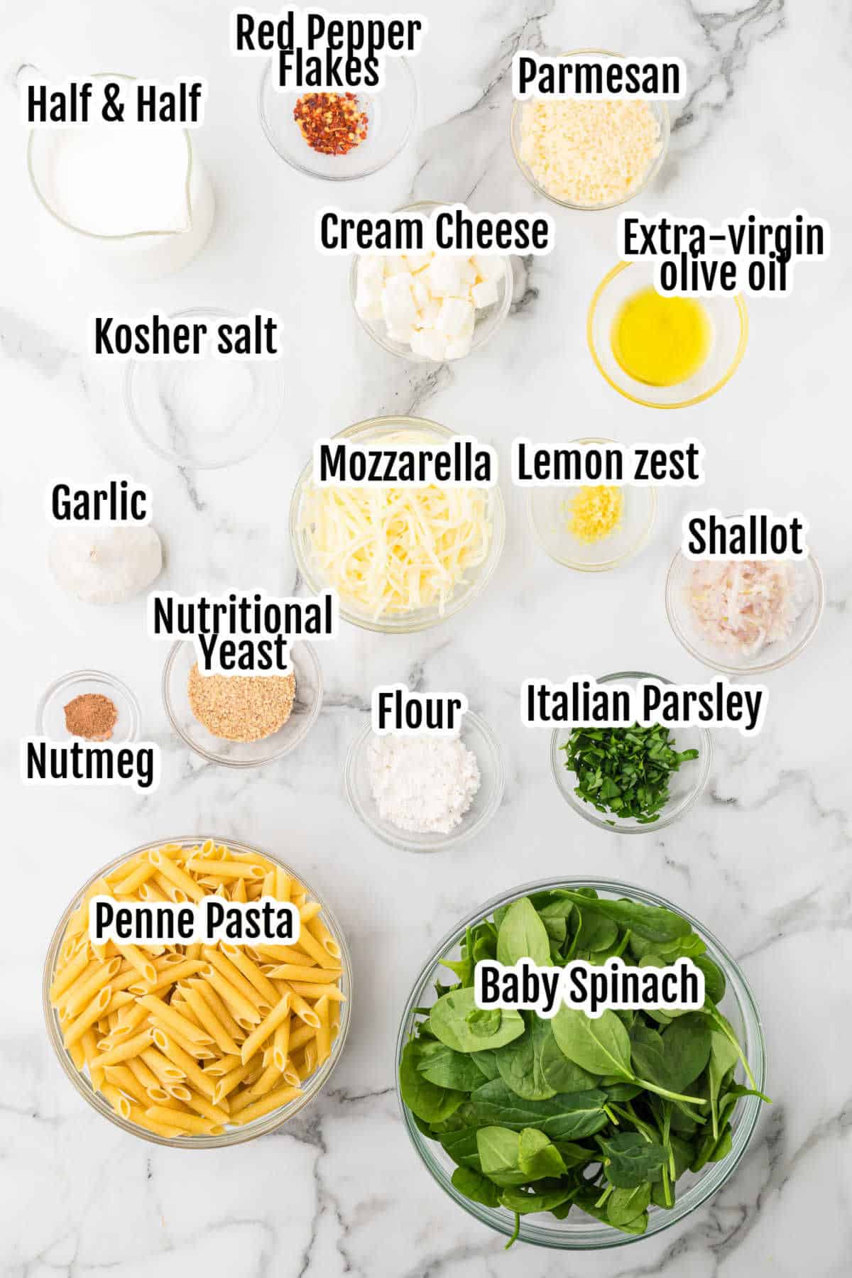 The ingredients needed to make the Vegetarian Creamy Spinach Pasta Dinner recipe.