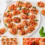 Collage featuring toasted bread with a tomato basil and balsamic vinegar salsa on top.