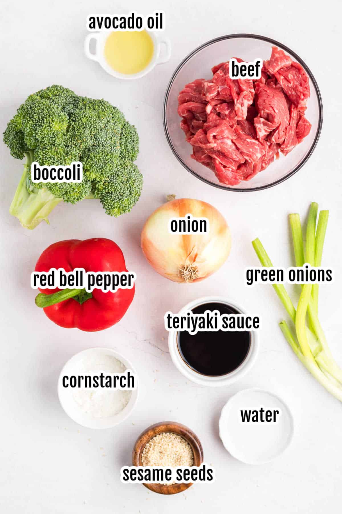 Image of the ingredients needed to make the Asian-inspired beef stir-fry with teriyaki sauce.