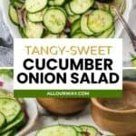 Long pin collage with close-ups of cucumber onion salad with vinegar dressing.