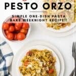 Overhead view of the Caprese pesto orzo bake served on white plates.
