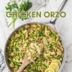 Cozy chicken orzo primavera with Parmesan and lemon zest.