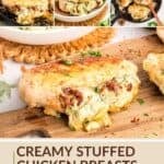 A multi-photo collage featuring the cheesy stuffed chicken breasts made in 30 minutes with three cheeses and spinach.