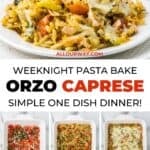 Comforting baked orzo pasta dish with pesto sauce, roasted tomatoes, and gooey melted mozzarella.