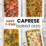 Four images show the different stages of making the orzo casserole with tomatoes and pesto.