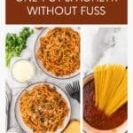 Spaghetti in a Dutch oven cooked in sauce with hamburger and spices.