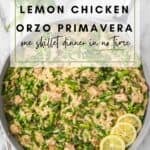 Bright and creamy chicken orzo primavera recipe shown in a skillet.