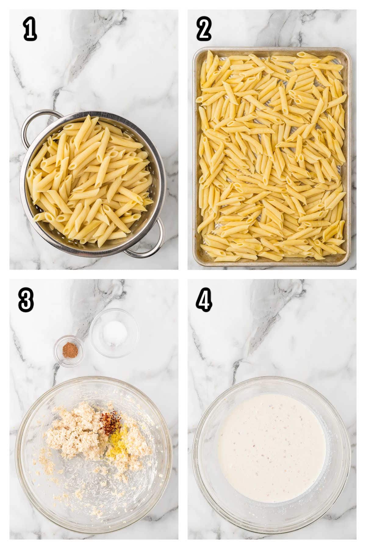 First four steps to making the cheesy baked penne with spinach and parmesan.