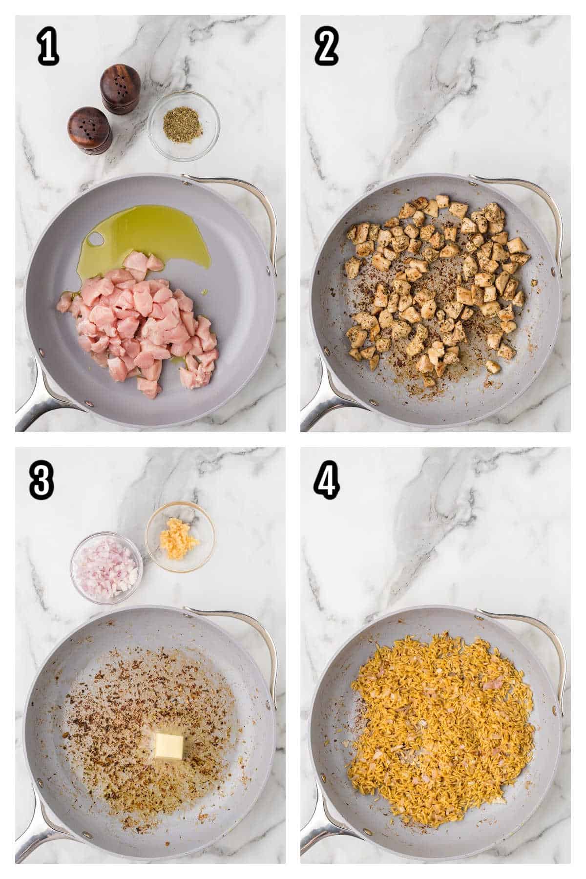 A collage featuring steps one through four for the chicken breast and orzo dinner made in one skillet.