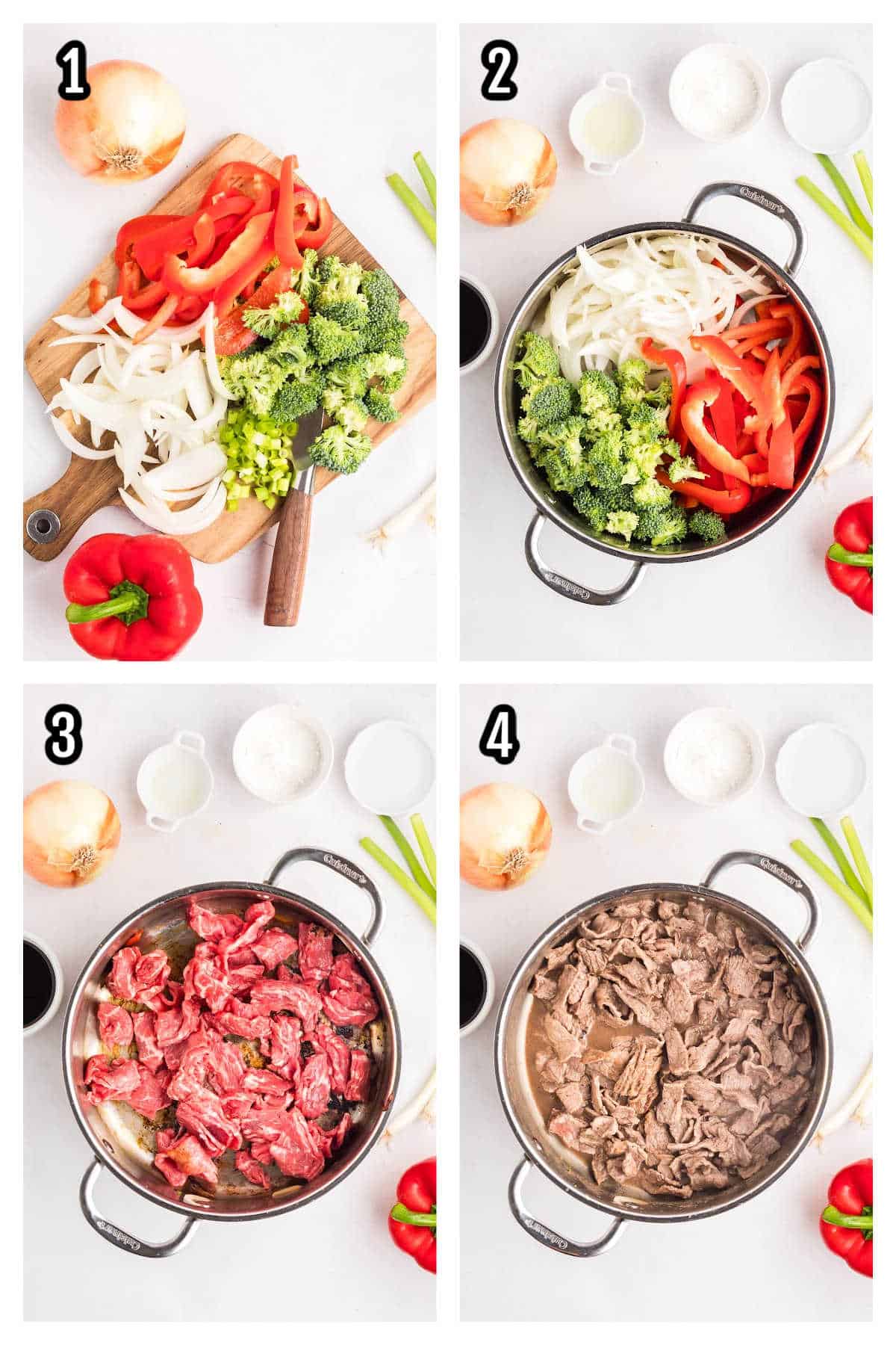 The first four steps to making the beef and vegetable stir-fry with teriyaki sauce.