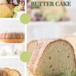 A Pinterest collage featuring an Irish dairy cake with cream cheese crumb and sugared frosted grapes as a garnish.