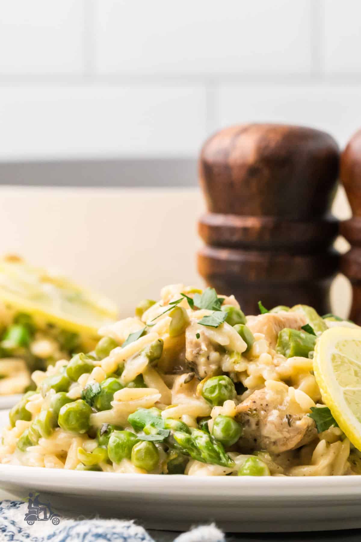 The easy skillet chicken dinner with orzo and vegetables is plated and ready to eat.