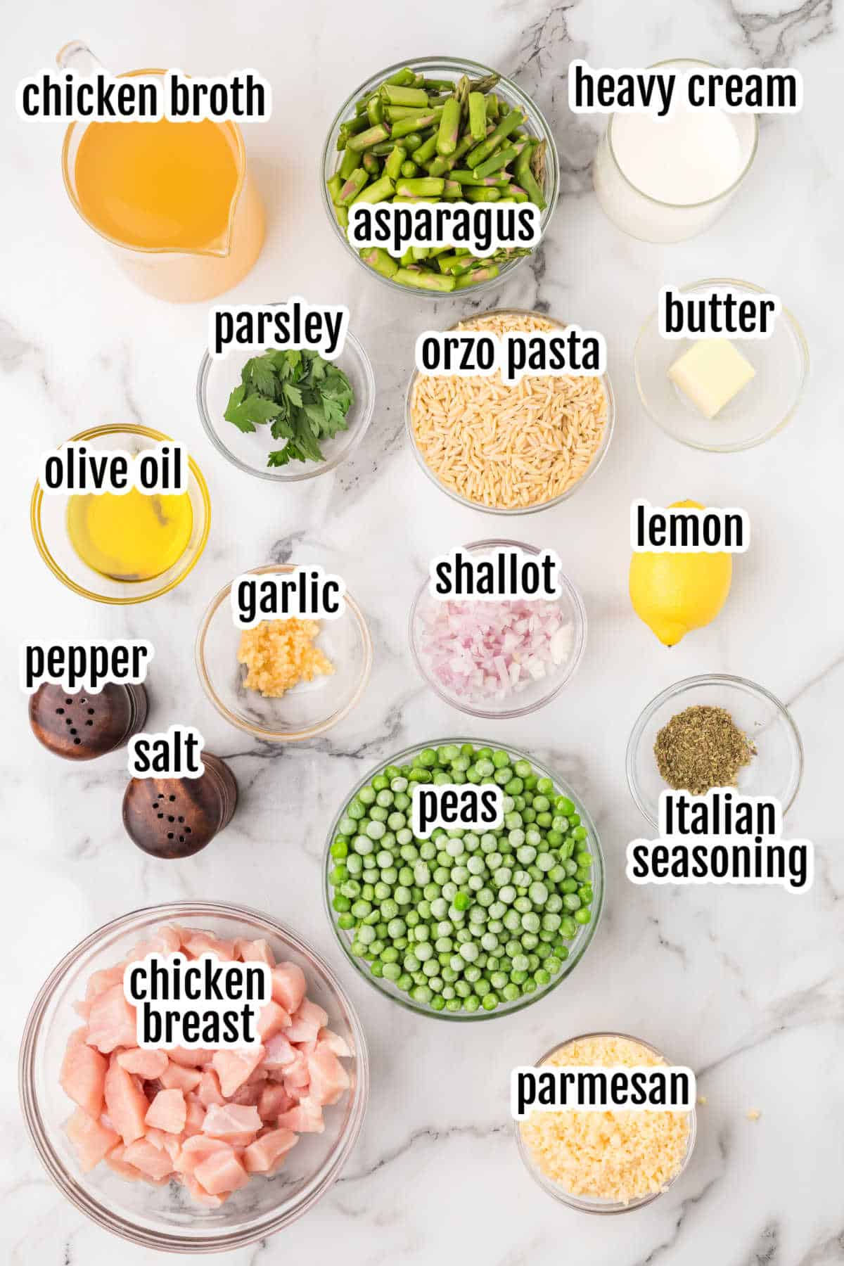 Image of the ingredients needed to make the Chicken Breast Lemon Orzo pasta recipe.