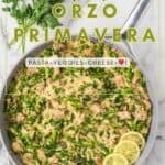 Creamy asparagus and pea orzo with chicken topped with parsley in a skillet.