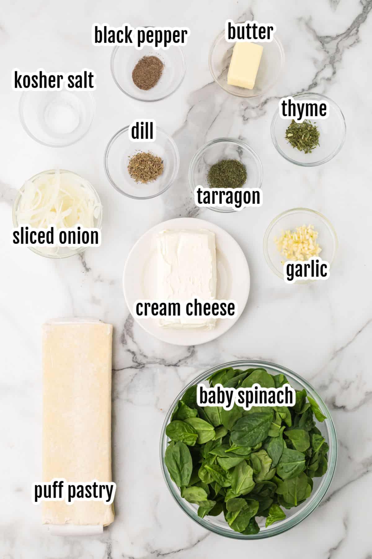 The ingredients needed to make the spinach cream cheese puff pastry appetizer.