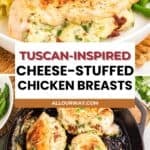 A two-photo collage featuring juicy stuffed chicken breasts with sun-dried tomatoes and topped with fresh Italian parsley.