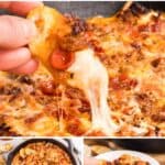 Collage featuring the cheesy crow-pleasing sausage and pepperoni pizza dip.