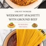 Long Pinterest collage pin features two views of the spaghetti in meat sauce recipe.