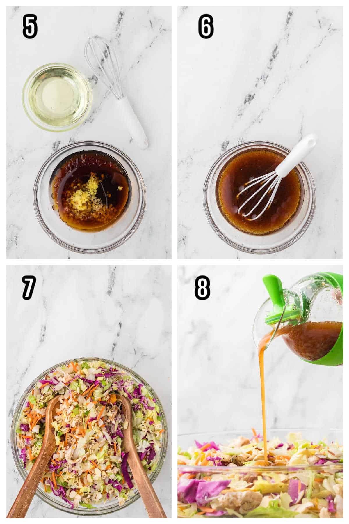 Steps five through eight for making the Asian Mandarin Orange Chopped Salad a copycat from the Cheesecake Factory.