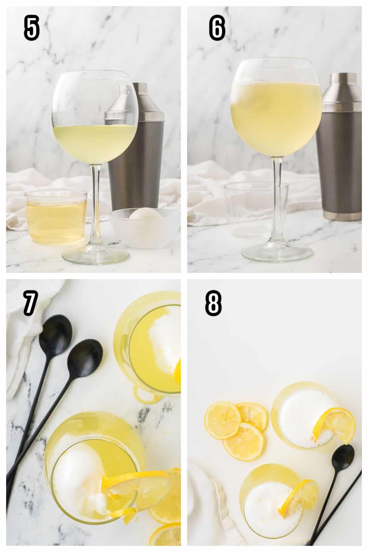 Steps five through eight for finishing the lemon cocktail made with limoncello liqueur.