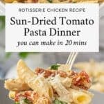 Family-style creamy rotisserie chicken mixed with spinach in a creamy sun-dried tomato sauce tossed with penne pasta.