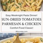 Penne pasta, chicken, and spinach in a creamy sun-dried tomato sauce with Parmesan cheese.