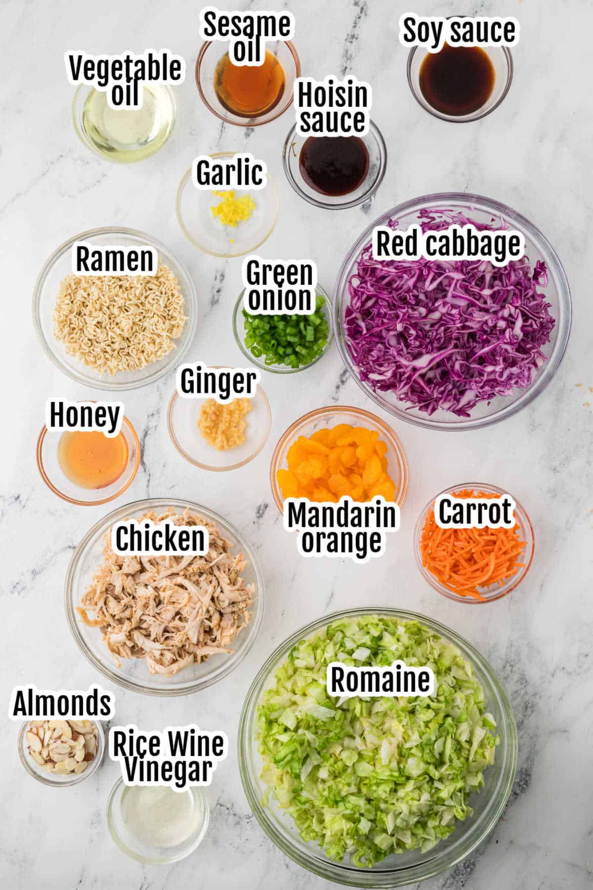 An image of the ingredients needed to make the easy Chinese summer salad with mandarin oranges and chicken.