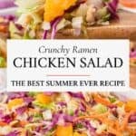 Collage with a close up of the Orange mandarin chicken salad with almonds, Romaine lettuce, and ramen noodles.