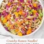 Colorful summer chicken salad with sesame dressing served in a white bowl.