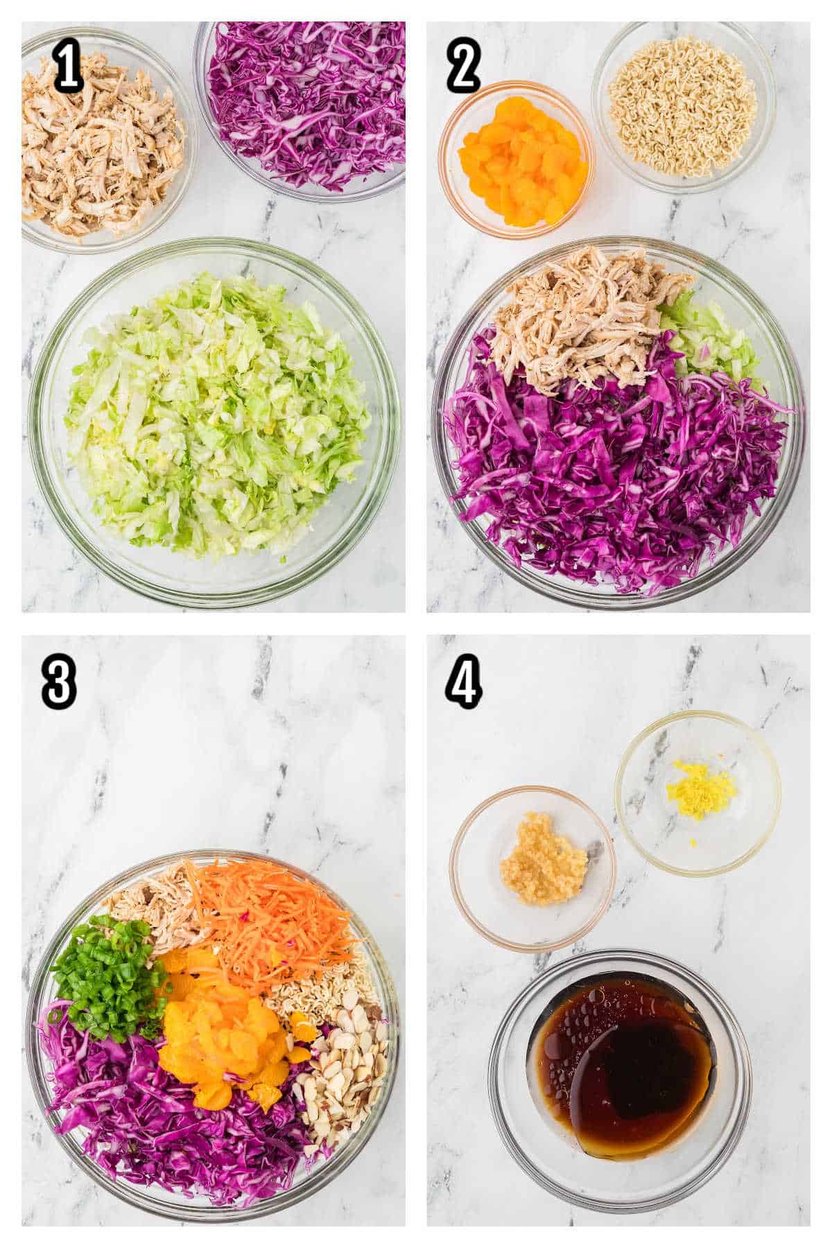The first four steps to making the Summer Mandarin Chicken Salad recipe.