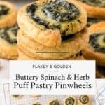 Flaky puff pastry pinwheels served stacked and on a wire cooling rack.