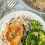 Long Pinterest Image featuring the balsamic chicken cutlet on a plate with broccoli on the side and the skillet next to the plate.