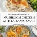 Two photo collage of the balsamic chicken and a chicken cutlet on a plate.