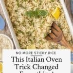 Italian-seasoned oven-baked rice shown in a casserole dish and on a white plate.