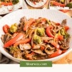 Asian-inspired beef stir fry images showing the beef, broccoli, and vegetables.