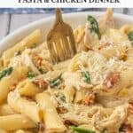 Penne Pasta with oil-packed sun-dried tomatoes, rotisserie chicken, and spinach.