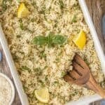 Close-up of fluffy baked rice oven-baked and seasoned with Italian seasoning.
