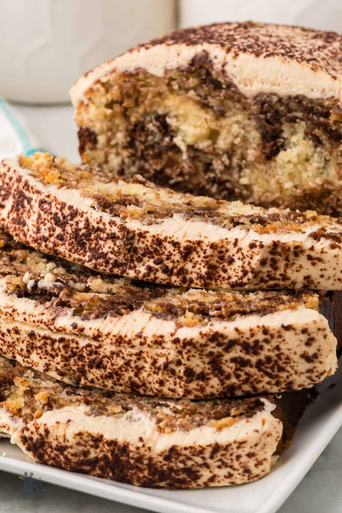 Moist Coffee loaf cake with mascarpone frosting.
