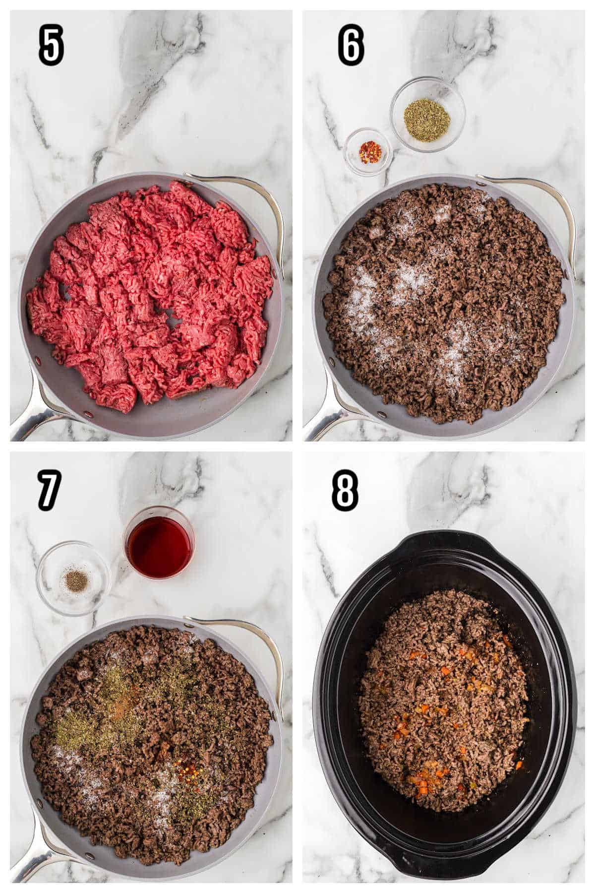 Steps five through eight for the crockpot Italian ragù recipe alla Bolognese.