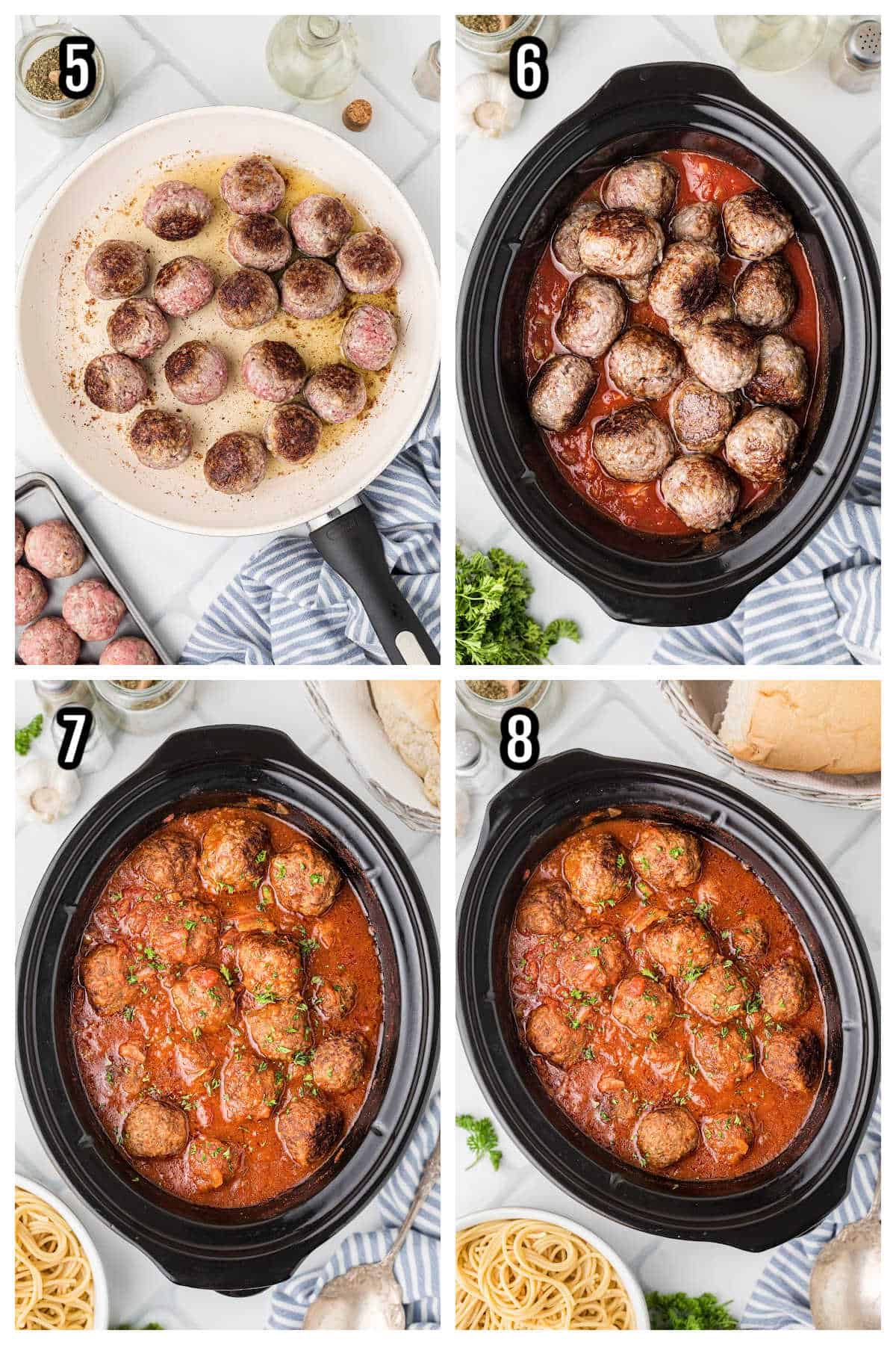 The last four steps to completing and cooking the meatballs with the tomato sauce.