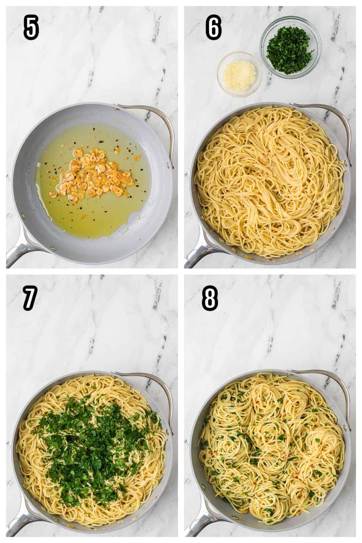 Collage of steps five through eight for the pasta recipe Spaghetti Aglio, Olio Peperoncini.